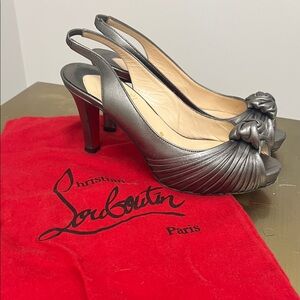 Christian Louboutin Metallic Pewter Knot Peep-Toe Slingback Heels